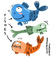 Crayon line drawings of cute fish.
