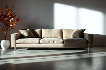 Close-up modern minimal sofa. Clean lines, simple design. Interior, furniture detail.