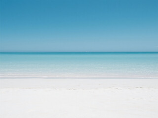 Obraz premium A minimalist scene of a pristine beach with pure white sand and clear turquoise water under a cloudless blue sky. Perfect for calming backgrounds, travel blogs, wellness brands