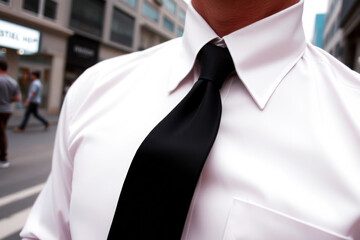 White shirt, black tie. Casual business style. Simple, professional, modern look.