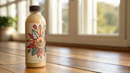A refreshing beverage in a bottle with a vibrant nature inspired label sits on a wooden surface near a sunlit window
