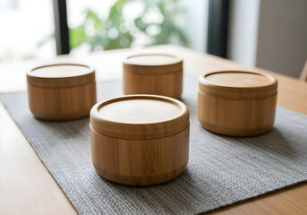 wooden bowls set on gray placemat with natural home decor
