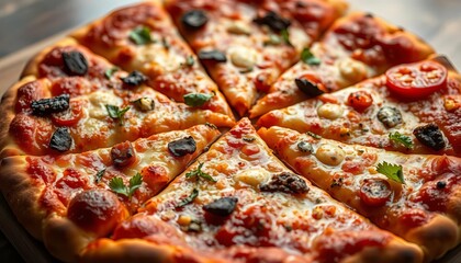 Golden-brown crust, bubbly cheese, vibrant toppings, shared slices,  cheese,  appetizing