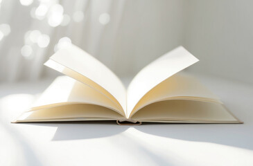 Empty book, white background. Shallow depth of field. Bokeh. Serene, contemplative, book-themed.
