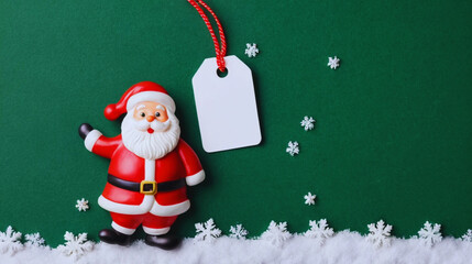 Festive Christmas tag design featuring cheerful Santa Claus and gentle snow falling on a vibrant green background. Includes blank copy space for personalized holiday messages or branding.