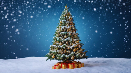 Beautiful decorated Christmas tree with glowing lights and ornaments, set against a snowy winter scene with snowflakes gently falling on a gradient blue background. Festive and magical holiday vector 