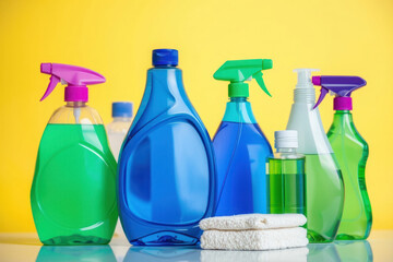 Household cleaning supplies. Plastic bottles.