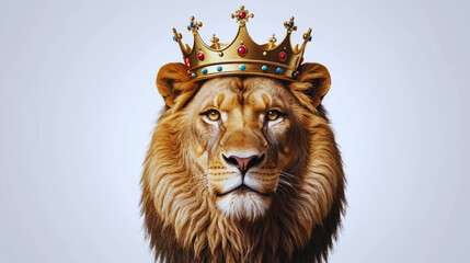 A powerful and majestic lion head wearing an ornate royal crown, facing forward with a proud and regal expression. The artwork is highly detailed, emphasizing the lion’s golden mane, intense eyes