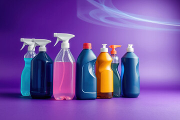 Household cleaning supplies. Plastic bottles.
