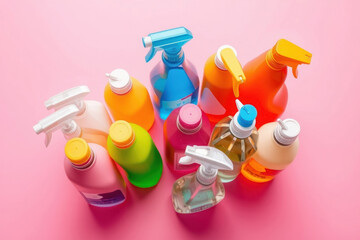 Household cleaning supplies. Plastic bottles.