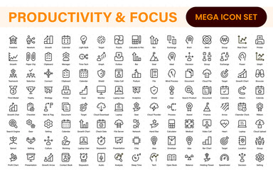 Productivity  icon collection. Set line icons with editable stroke. Business planning, success, goal achievement. Charts, communication, chat, speedometer