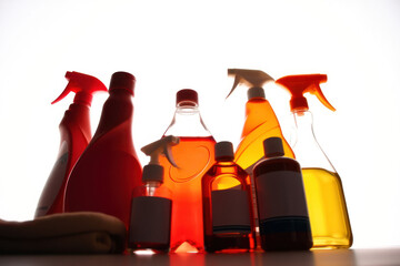 Household cleaning supplies. Plastic bottles.