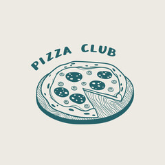 Hand drawn outline illustration of Italian pizza with quote. Linear poster with Mediterranean traditional baked food in sketch style. Vintage doodle design for kitchen wall art, print, t-shirt, card