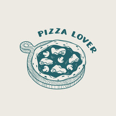 Hand drawn outline illustration of Italian pizza with quote. Linear poster with Mediterranean traditional baked food in sketch style. Vintage doodle design for kitchen wall art, print, t-shirt