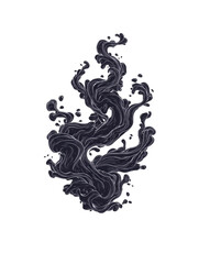 Dynamic black fluid swirl with golden highlights suspended mid-air on white background, creating dramatic energy and depth. Concept of power, motion and abstract transformation