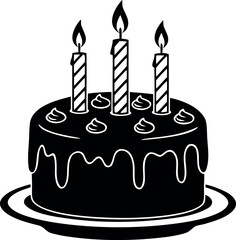 Black and White Vector Graphic of a Round Birthday Cake with Three Striped Candles and Icing Drips on a Plate