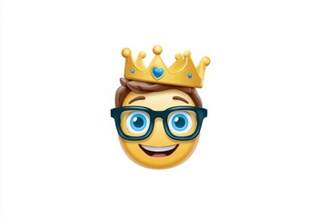 Fototapeta premium Happy emoji face with glasses and a king's crown conveys playful intelligence and self assurance.