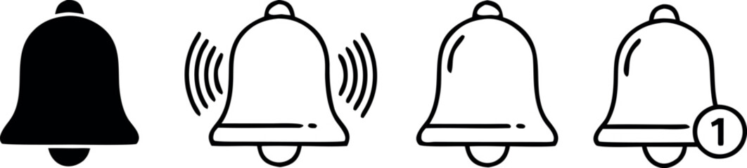 Four Black Bell Icons Horizontal Row One Bell Sound Waves One Bell Notification Number One Simple Bold Outline Style