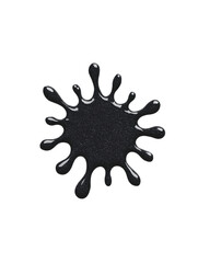 Glossy black fluid splash in abstract starburst shape on white background, resembling oil or ink with high surface tension. Concept of energy, material science or artistic minimalism