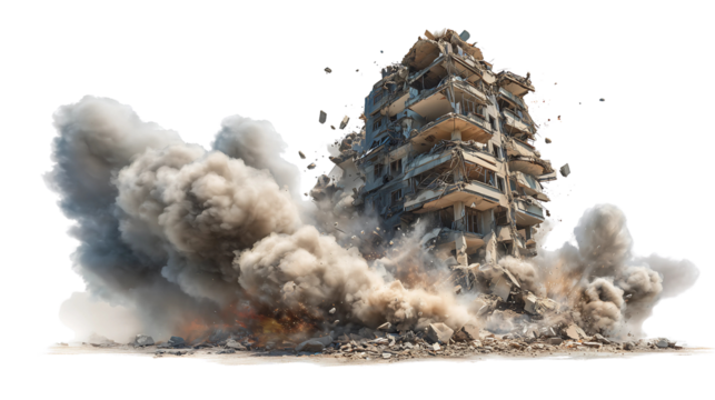 Exploded building, separated on transparent background