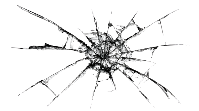 Abstract shattered glass with radial cracks overlay creates a visual effect of damage and fragility.