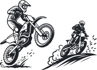 Two Black and White Motocross Riders Dynamic Action Scenes Dirt Bikes Extreme Sports Graphic Vector Illustrations