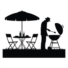 Man grilling food outdoors under umbrella with table and chairs silhouette