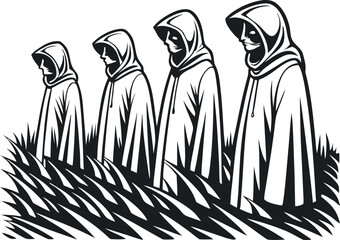 Monochrome Graphic of Five Hooded Figures Standing in Tall Grass Black and White Mysterious Figures in Robes