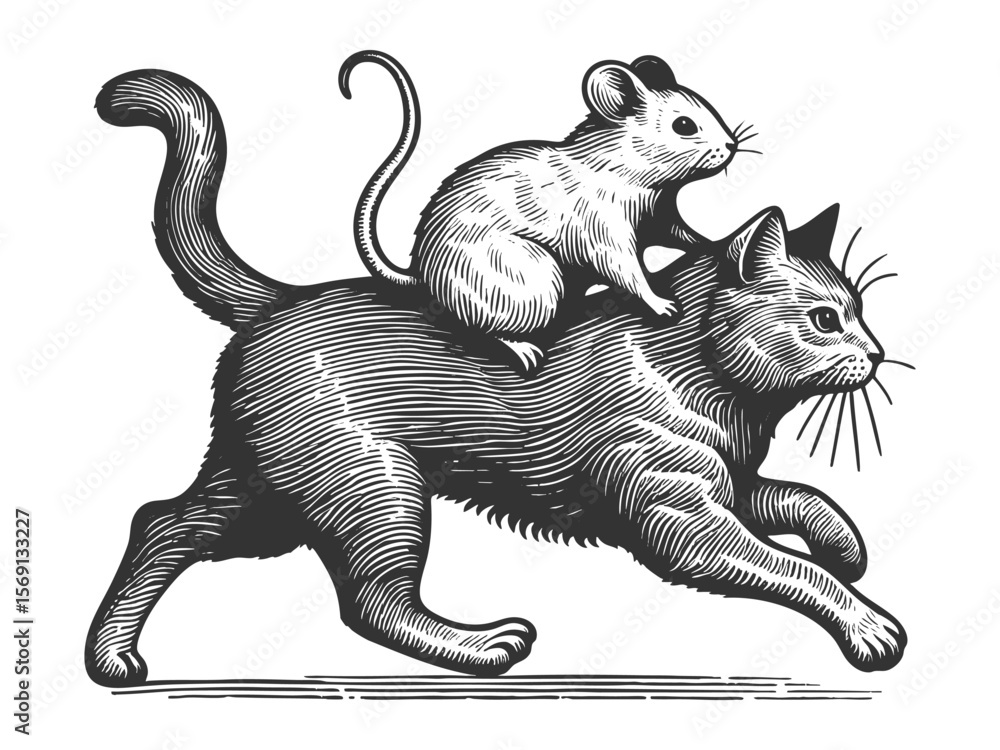 Poster mouse riding a galloping cat like a horse sketch engraving generative ai fictional character vector 