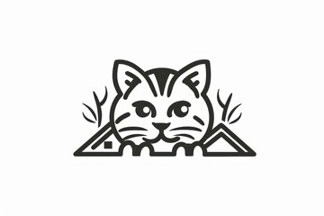 Playful line art design of a cute cat peeking out from behind houses and plants, creating a charming and whimsical scene