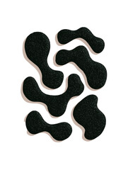 Cluster of abstract black sponge-like organic shapes arranged on clean white background, resembling microbes or cells. Concept of biomorphic design and modern minimalism