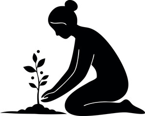Black Silhouette Vector Graphic Woman Kneeling Planting Small Plant Simple Leaves Berries Minimalist Style