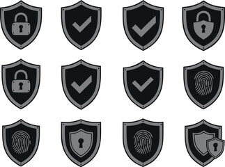Nine Grayscale Shield Icons Set on White Background Featuring Padlock Fingerprint and Checkmark Symbols