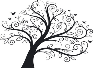 Black and White Stylized Tree Illustration Swirling Branches Leaves Small Birds Simple Line Art Graphic Design Element