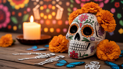 Day of the Dead Altar with Sugar Skull, Marigolds, Candle and Decorations in a Festive Arrangement