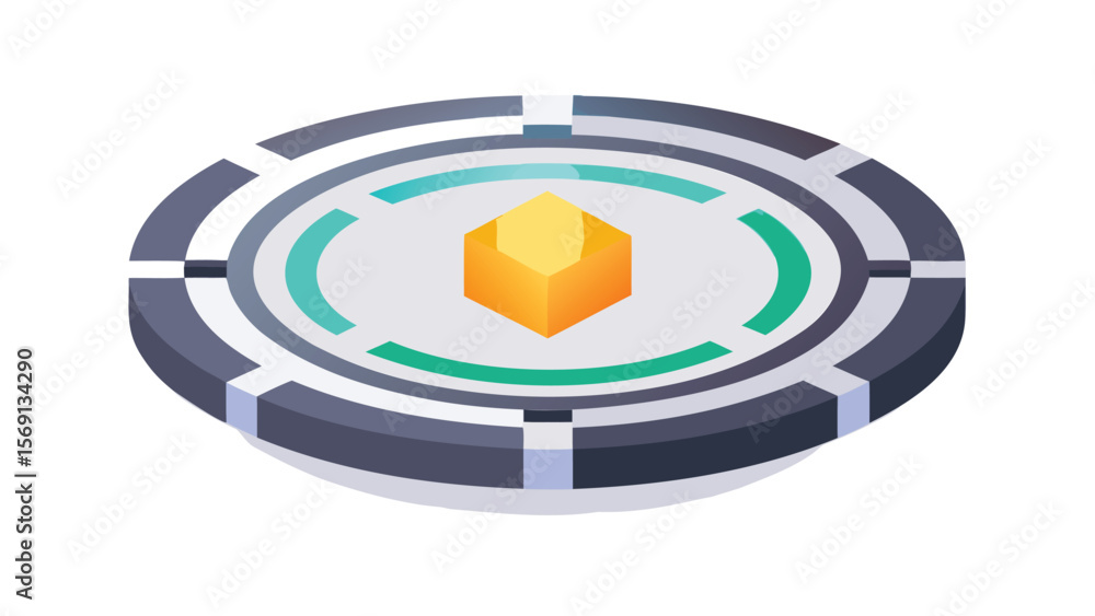 Poster isometric platform with yellow hexagon in the center and teal and gray circular design elements arou