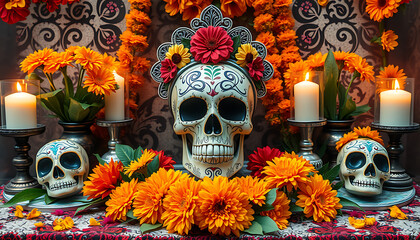 Day of the Dead Altar with Skulls, Marigolds and Candles Displaying Colorful Traditions