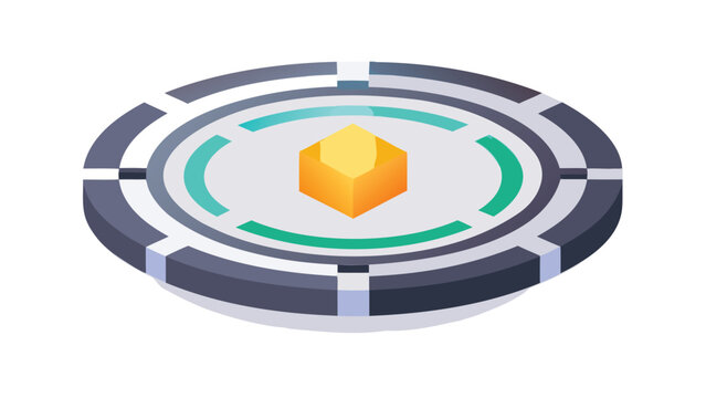 Isometric platform with yellow hexagon in the center and teal and gray circular design elements around it