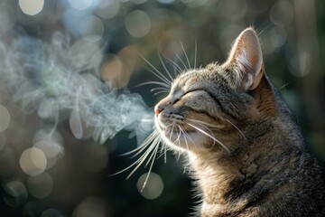 European shorthair cat exhaling smoke in cold winter weather with closed eyes, bokeh background and long whiskers