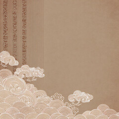 A brown background with white clouds and a white line