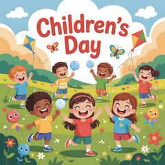 A Joyful Children's Day Celebration Colorful Cartoon Illustration with Smiling Kids, Kites, Balloons, and Flowers in a Playful Setting