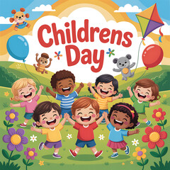 Joyful Children's Day Celebration A Vibrant Scene of Happy Kids, Balloons, and Colorful Flowers Under a Sunny Sky