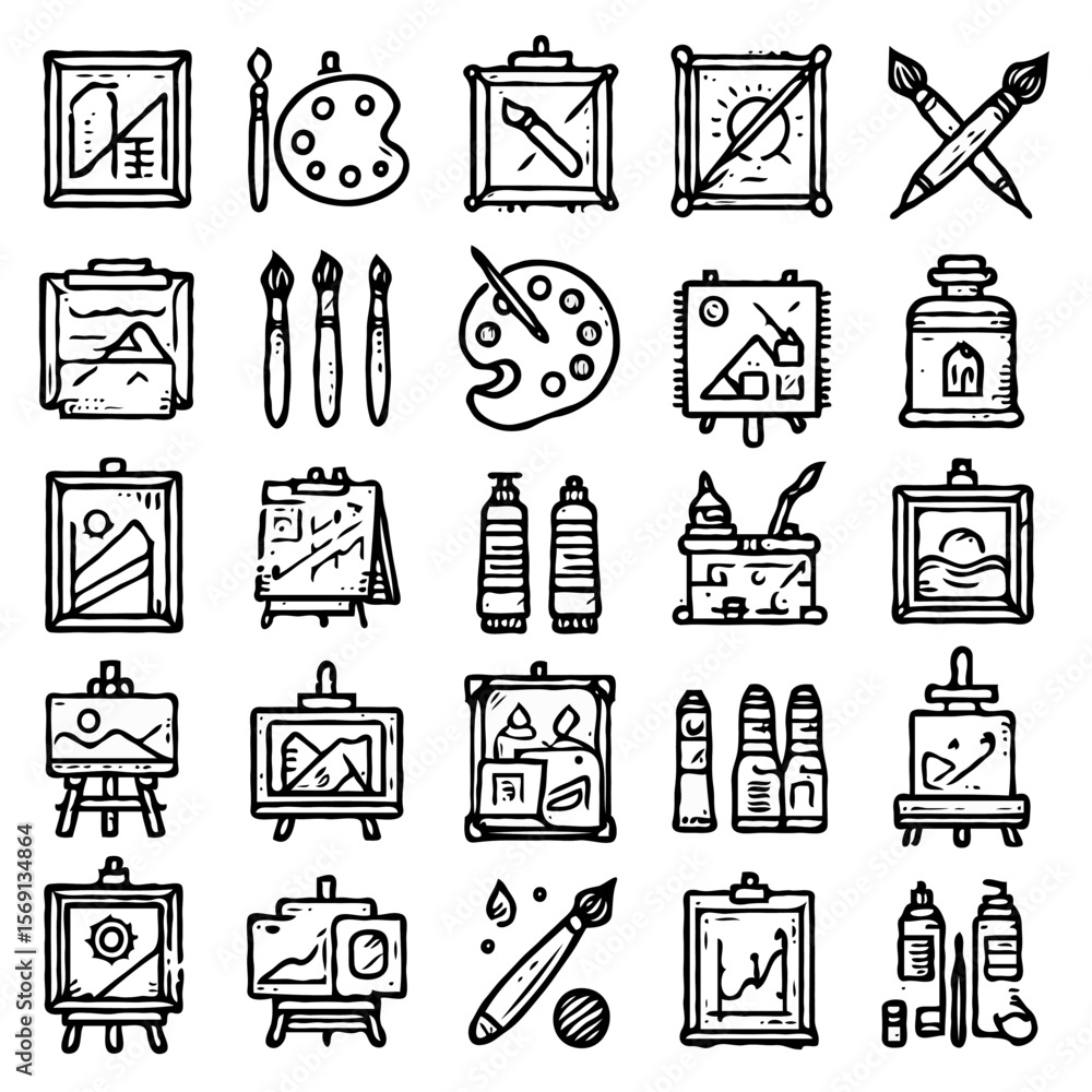 Aufkleber a set of 24 minimalist line art icons themed around painting and art. each icon is drawn in clean, t