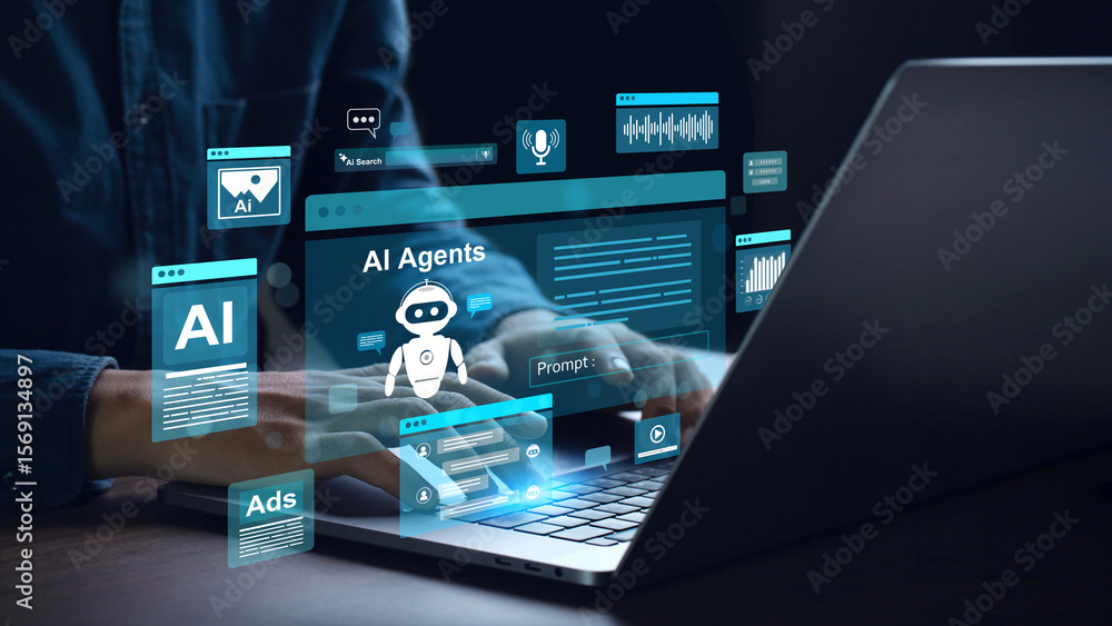 Poster ai agents and assistants. man using a laptop with futuristic software for generating images and mana