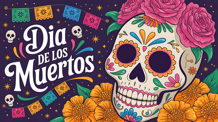 Vibrant Dia de los Muertos Illustration with Sugar Skull Roses and Papel Picado Festive and Colorful