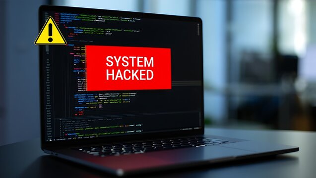 Laptop screen displays system hacked in red text with a yellow warning triangle showing lines of code and data symbolizing cybercrime and security breach