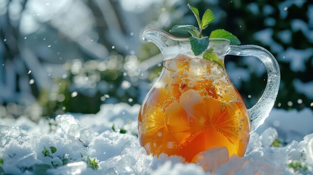 A pitcher of iced tea sits on snow, contrasting warm drink with cold environment. - Powered by Adobe