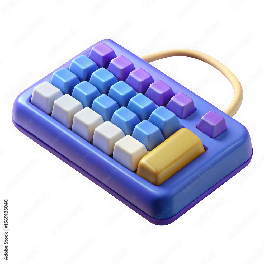 Poster stylized 3d render of a compact keyboard with colorful keys isolated on transparent background