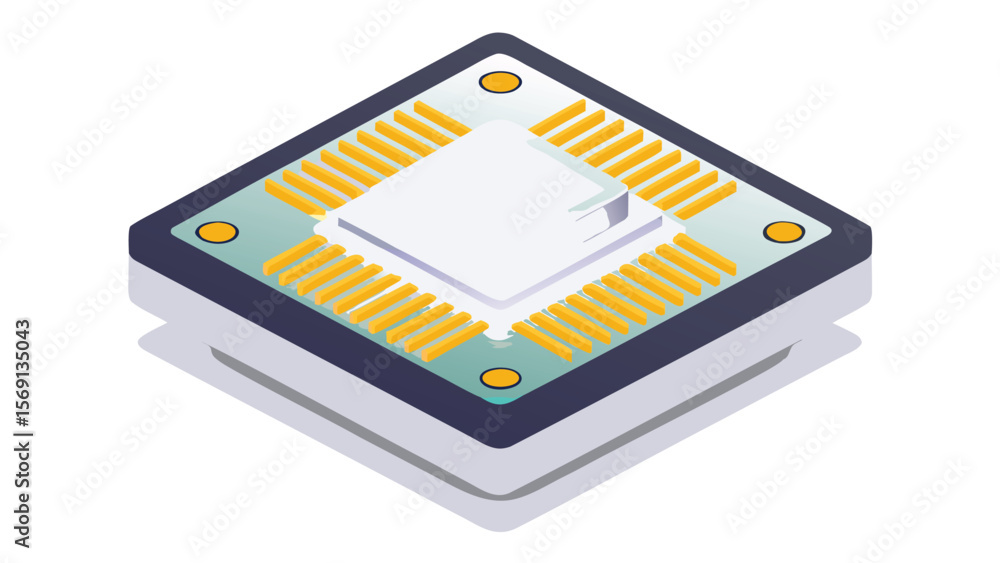 Aufkleber isometric view of a microchip with gold connectors and a white center component on a white backgroun
