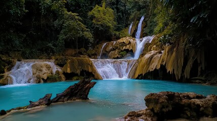 Fototapeta premium Cascading waterfall adventure tropical rainforest nature photography lush environment serene viewpoint natural beauty exploration